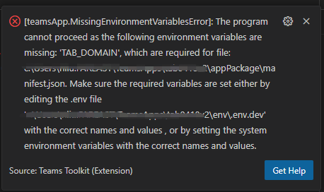 Screenshot showing the Missing Environment Variables Error.